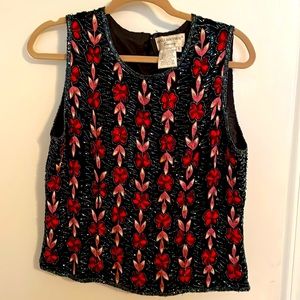 Papell Boutique Vintage Black Silk Beaded Floral Evening Blouse, GUC size large